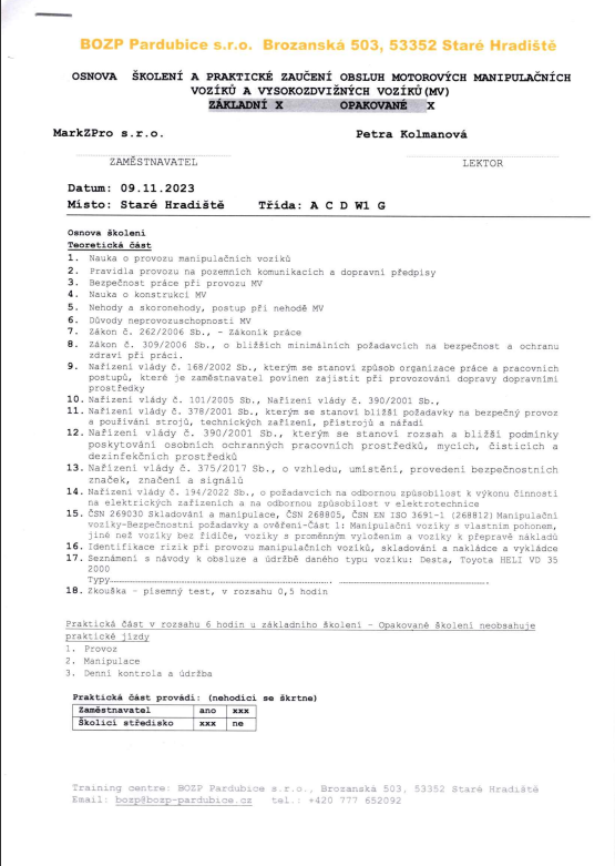 Školení řidičů vysokozdvižných vozíků a hydraulických plošin